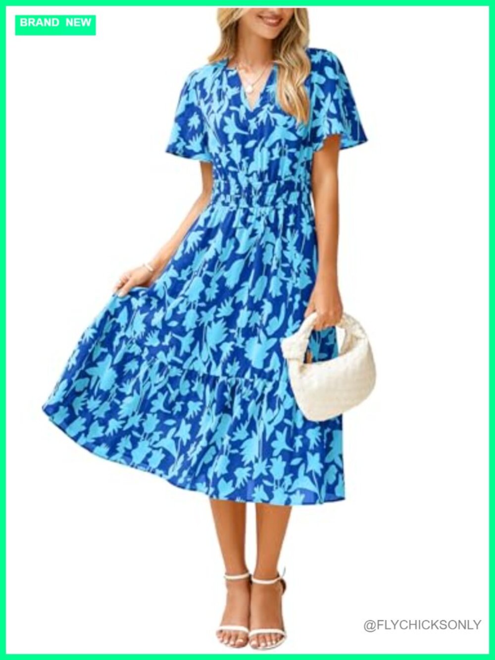 Womens Floral Midi Dress Short Sleeve V Neck Empire Waist Boho A-Line Summer